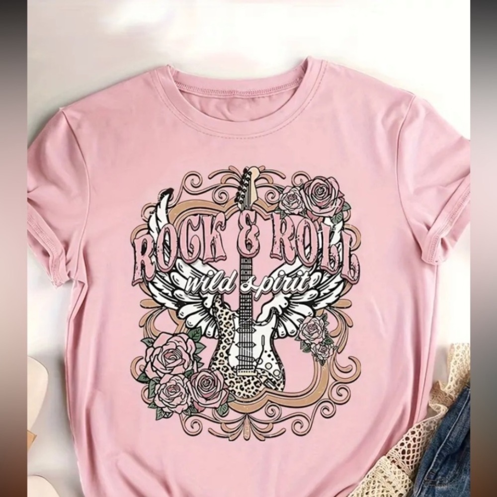 T Shirt, Woman’s Sz Med, ‘Rock and Roll Wild Spirit” with earrings, New